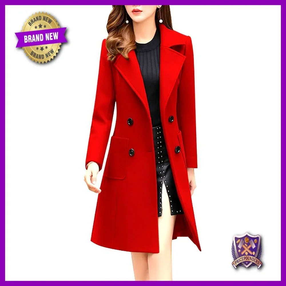 Elegant Notched Collar Double Breasted Wool Blend Over Coat Classic Chic